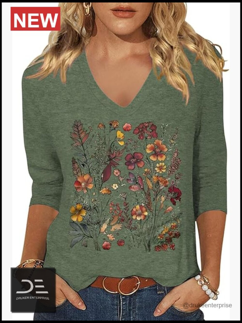 V Neck Floral Printed T-Shirt 3/4 Sleeve Boho Tee Summer Casual Top